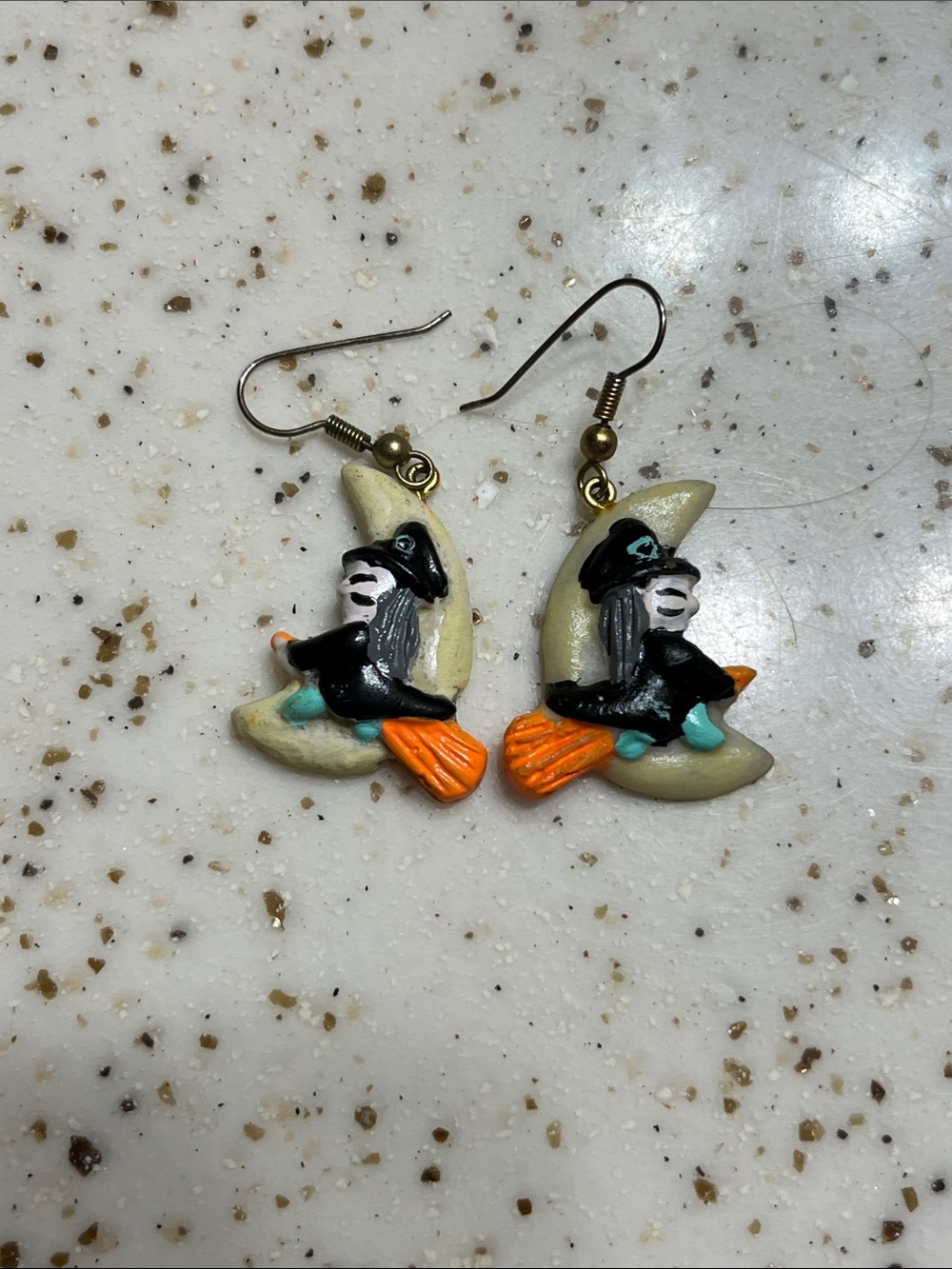 Whimsical Witch on Moon Dangle Earrings - Black, Orange, Teal
